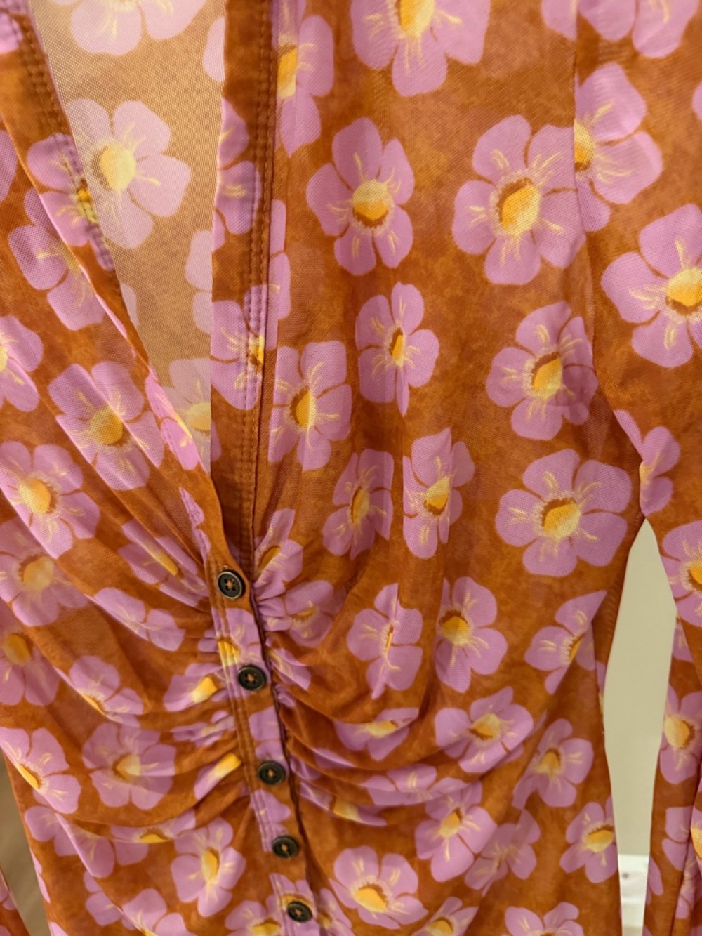 Free People Floral Ruched Button-Front Top - Rust & Pink - Picture 3 of 6